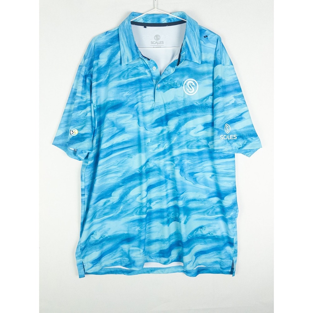 Scales Gear Performance Polo Shirt Mens XL Blue Water Allover Print Fishing Coas